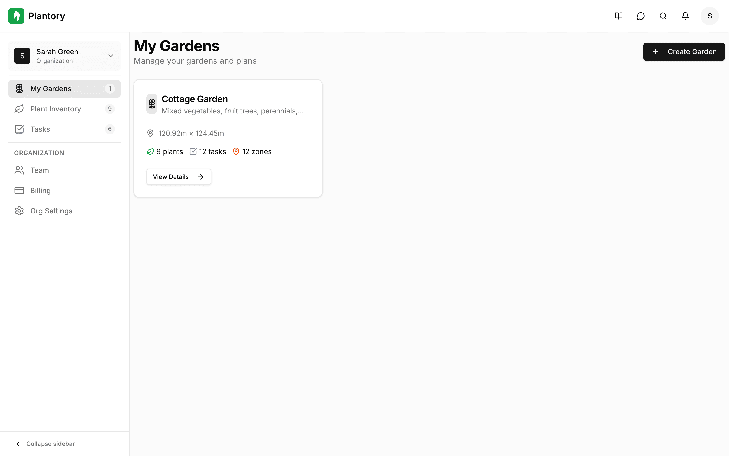Přehled se zvýrazněným tlačítkem Vytvořit zahradu